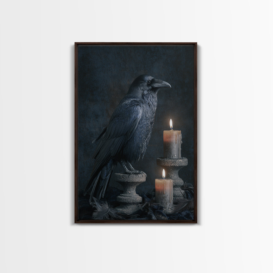 Silent Graveyard with Blue Moon Haze Framed Canvas Print, Dark Art, Living Room Decor, Watercolor Art, Nocturne, DAR-2x3-74