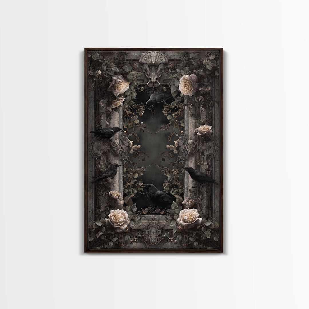 Black Roses Blooming from Cracked Stone Canvas Print, Dark Art, Oil Painting, Living Room Decor, Nocturne, Gothic Wall Decor, DAR-2x3-82