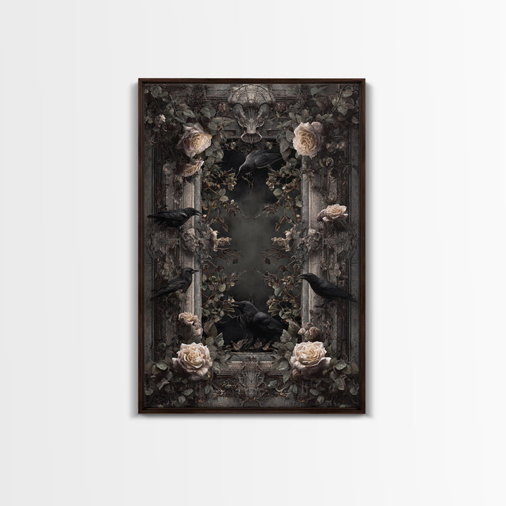 Black Roses Blooming from Cracked Stone Canvas Print, Dark Art, Oil Painting, Living Room Decor, Nocturne, Gothic Wall Decor, DAR-2x3-82
