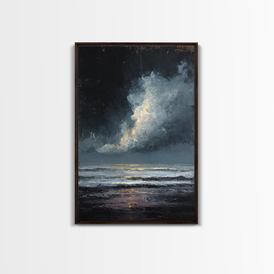 Stormy Sea under a Nearly Black Sky Framed Canvas Print, Dark Art, Horror Decor, Living Room Decor, Fine Art, Nocturne, DAR-2x3-85