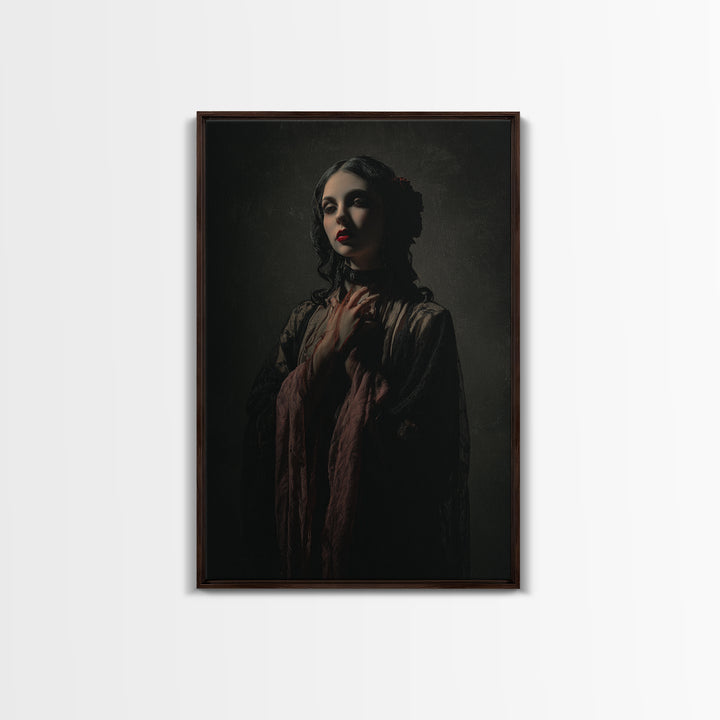 Vampire Inspired Portrait with Pale Dramatic Light Framed Canvas Print, Dark Art, Moody Wall Art, Living Room Decor, Nocturne, DAR-2x3-93