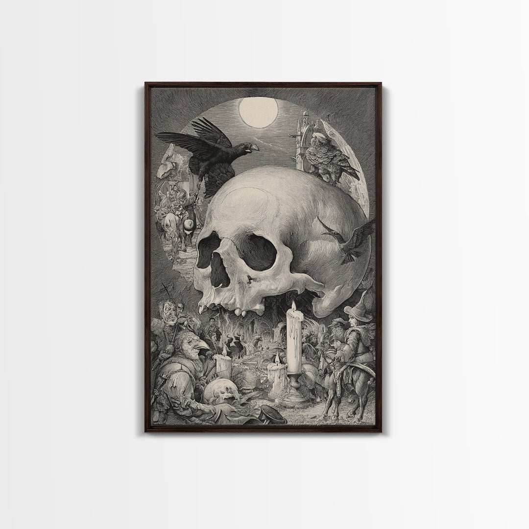 The Talking Skull, Renaissance Engraving Art, Vertical Wall Art, Dark Fantasy Wall Art, Canvas Print, Halloween Wall Art