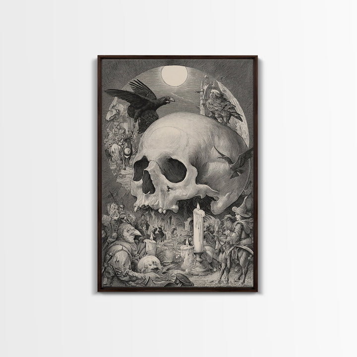 The Talking Skull, Renaissance Engraving Art, Vertical Wall Art, Dark Fantasy Wall Art, Canvas Print, Halloween Wall Art