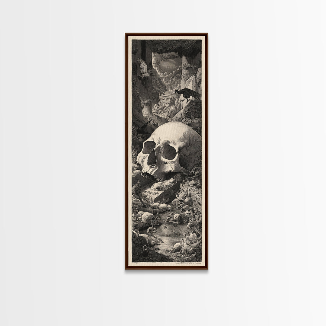 The Talking Skull, Architectural Etching Art, Tall Narrow Wall Art, Dark Fantasy Wall Art, Framed Canvas Print