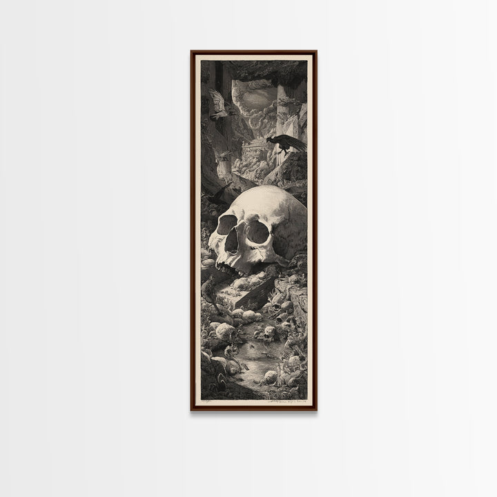 The Talking Skull, Architectural Etching Art, Tall Narrow Wall Art, Dark Fantasy Wall Art, Framed Canvas Print