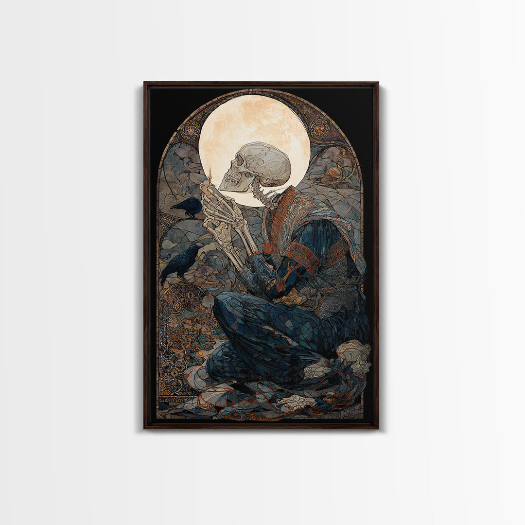 The Talking Skull, Stained Glass Gothic Art, Vertical Wall Art, Dark Halloween Decor, Canvas Print, Halloween Wall Art, Statement Wall Art