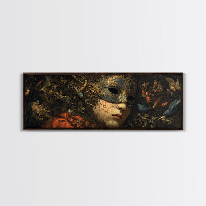 The Cracked Porcelain Mask, Medieval Grotesque Art, Extra Wide Wall Art, Dark Halloween Decor, Framed Canvas Print, Spooky Wall Decor