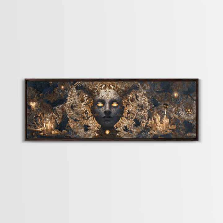 The Cracked Porcelain Mask, Visionary Gothic Art, Extra Wide Wall Art, Dark Halloween Decor, Framed Canvas Print, Halloween Wall Art