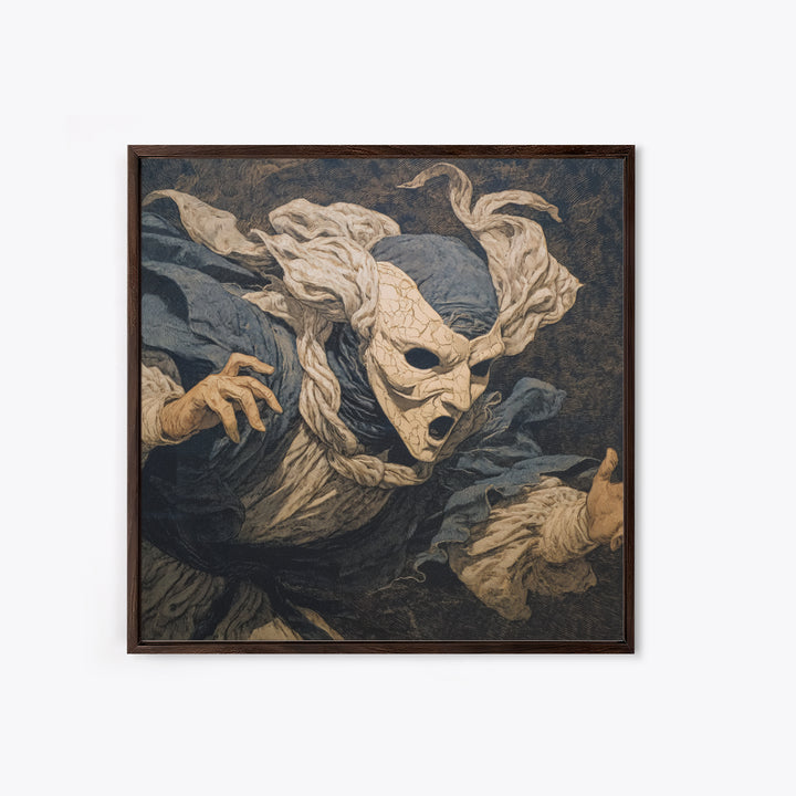 The Cracked Porcelain Mask, Symbolist Etching Art, Square Wall Art, Gothic Horror Wall Art, Framed Canvas Print, Halloween Wall Art