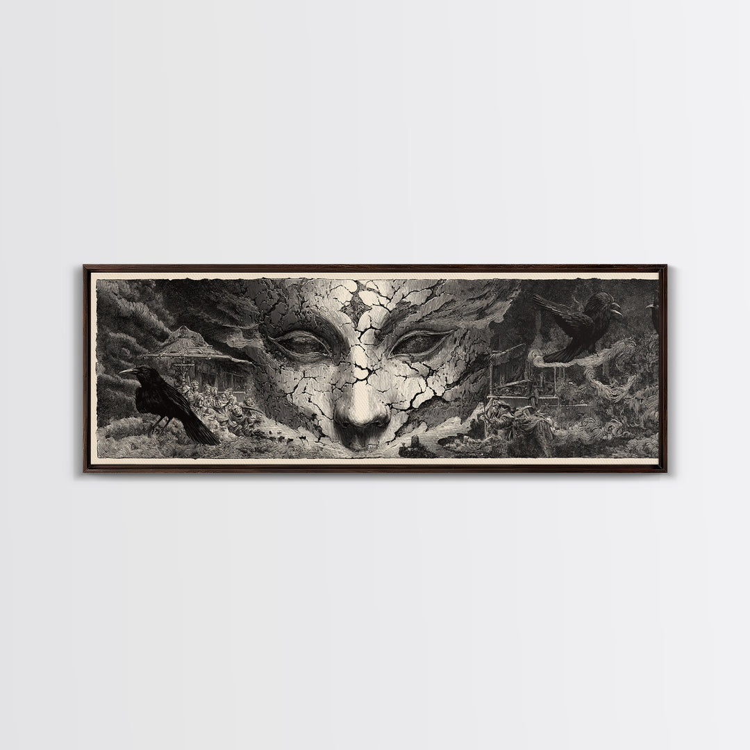 The Cracked Porcelain Mask, Expressionist Nightmare Art, Extra Wide Wall Art, Gothic Horror Wall Art, Framed Canvas Print