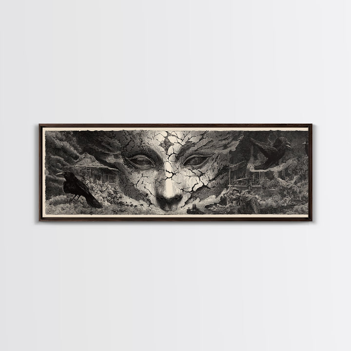 The Cracked Porcelain Mask, Expressionist Nightmare Art, Extra Wide Wall Art, Gothic Horror Wall Art, Framed Canvas Print