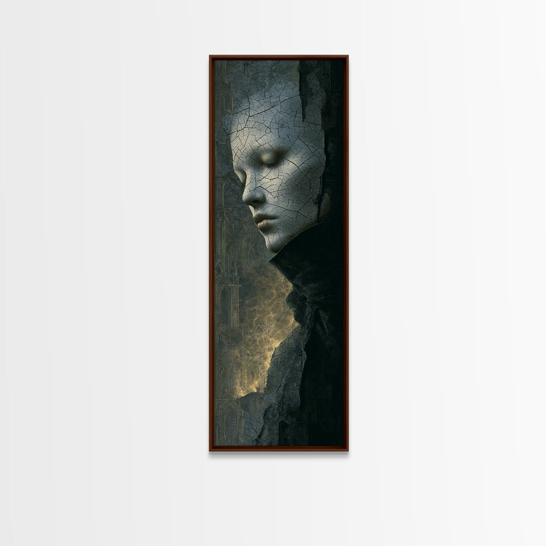 The Cracked Porcelain Mask, Surreal Apocalyptic Art, Tall Narrow Wall Art, Macabre Wall Art, Framed Canvas Print, Halloween Wall Art