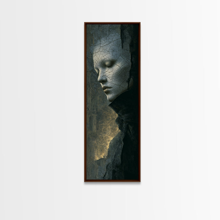 The Cracked Porcelain Mask, Surreal Apocalyptic Art, Tall Narrow Wall Art, Macabre Wall Art, Framed Canvas Print, Halloween Wall Art