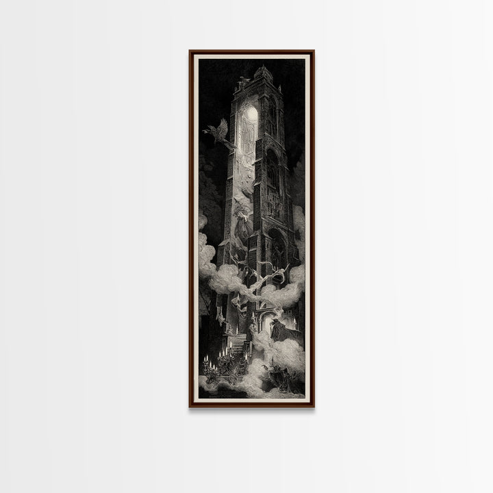 The Haunted Music Box, Gothic Engraving Art, Tall Narrow Wall Art, Macabre Wall Art, Canvas Print, Halloween Wall Art