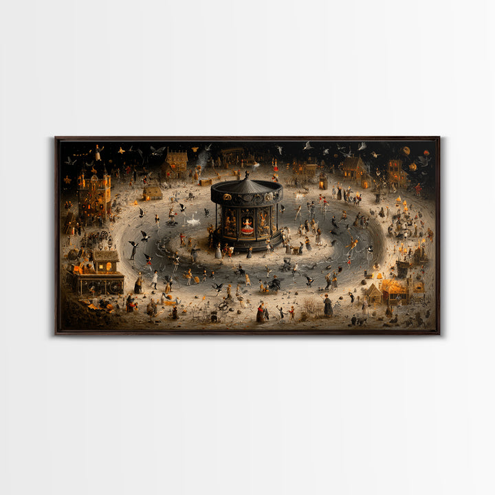 The Haunted Music Box, Northern Renaissance Horror, Wide Panoramic Art, Macabre Wall Art, Framed Canvas Print, Halloween Wall Art