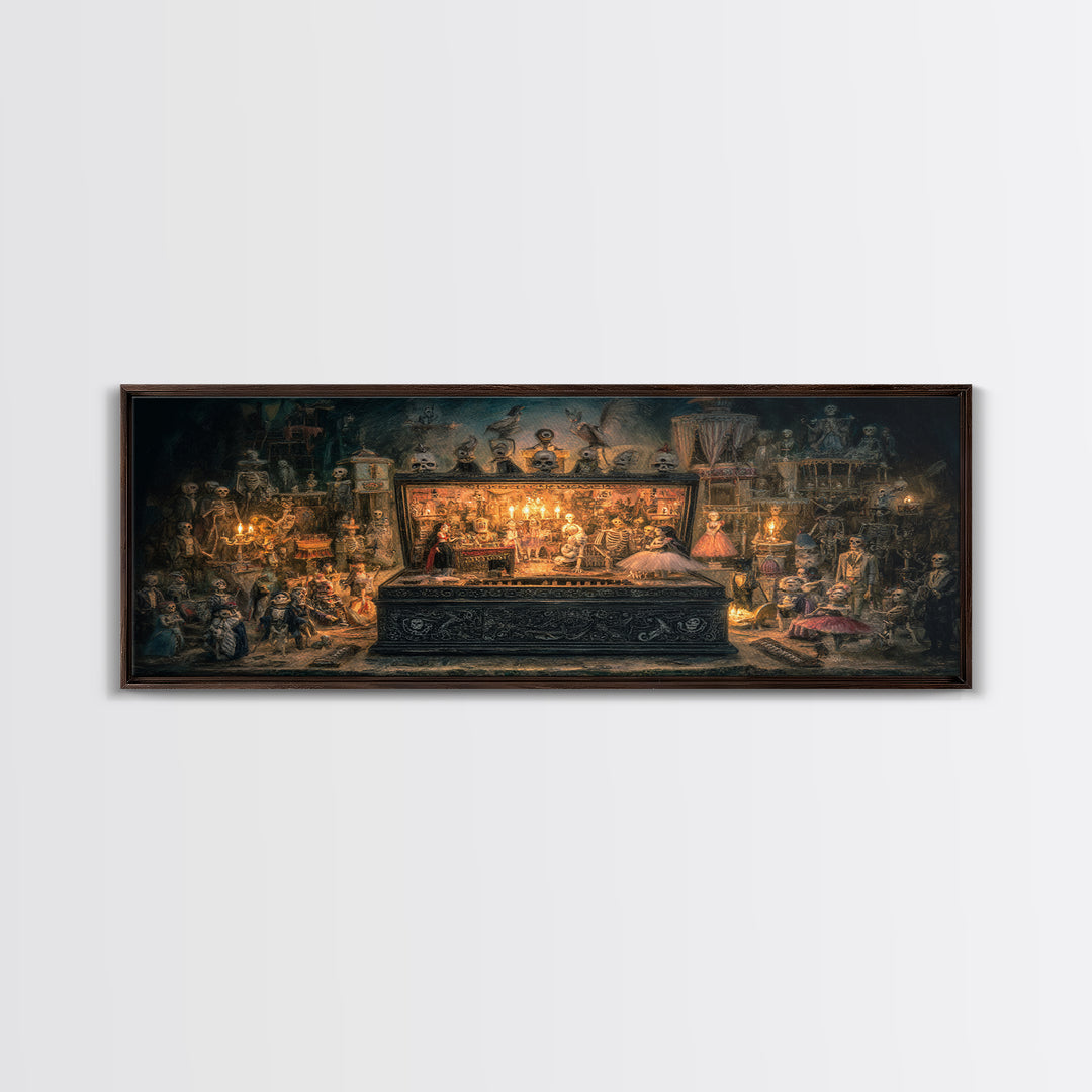 The Haunted Music Box, Grotesque Carnival Art, Wide Panoramic Art, Dark Fantasy Wall Art, Framed Canvas Print, Halloween Wall Art
