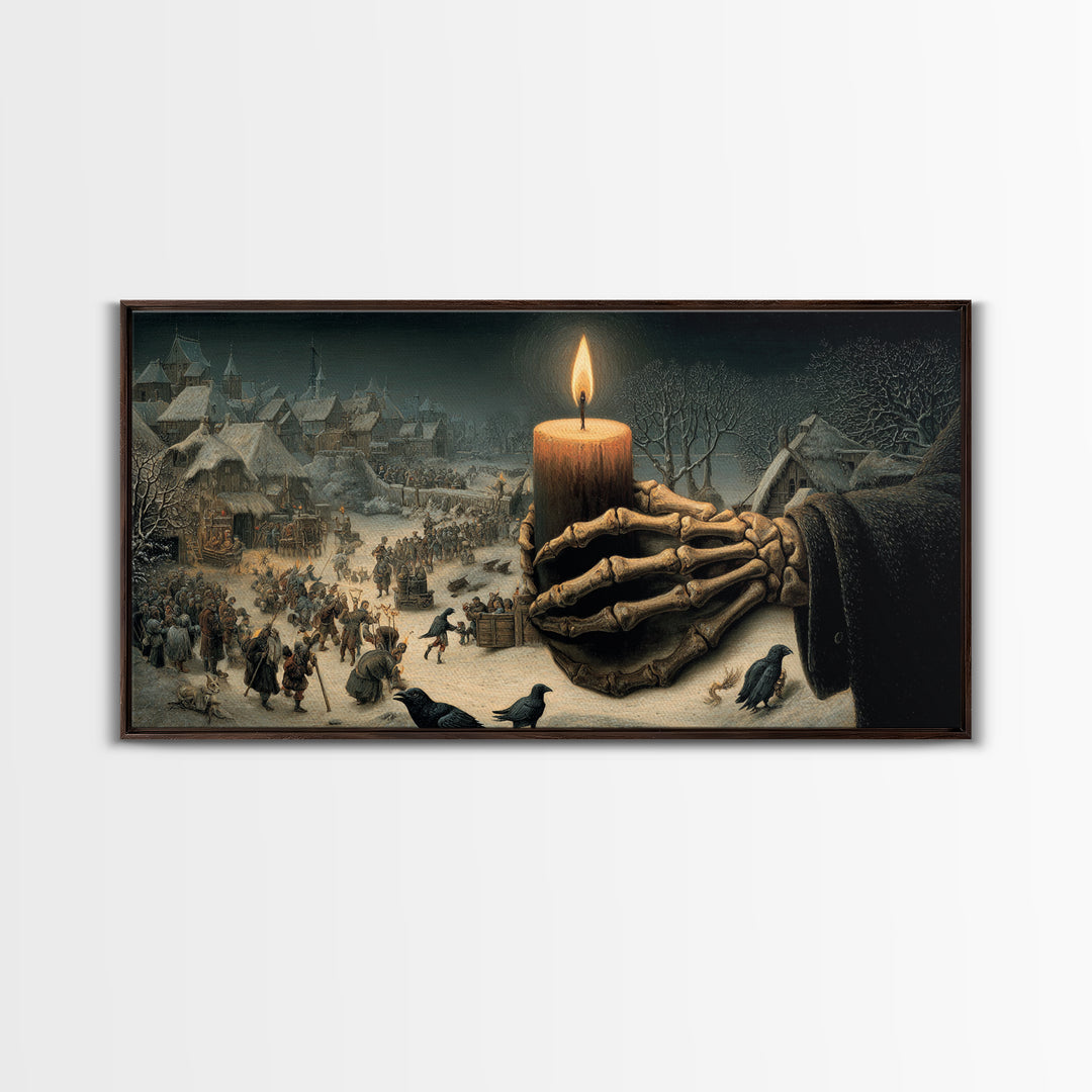The Skeletal Hand Candleholder, Northern Renaissance Horror, Wide Panoramic Art, Dark Fantasy Wall Art, Framed Canvas Print