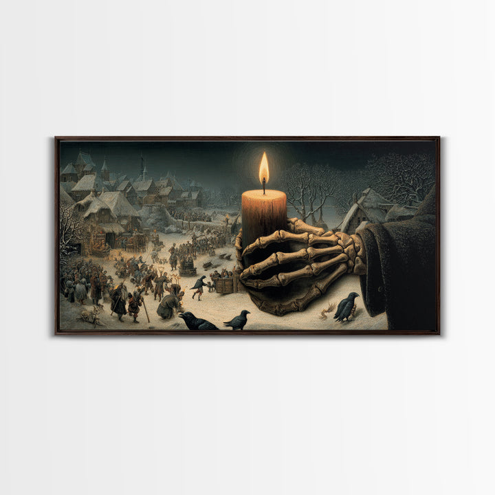 The Skeletal Hand Candleholder, Northern Renaissance Horror, Wide Panoramic Art, Dark Fantasy Wall Art, Framed Canvas Print