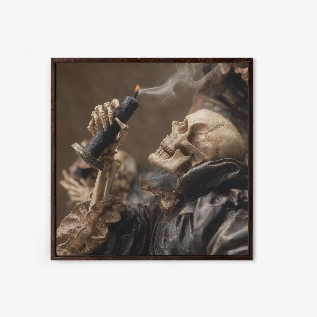 The Skeletal Hand Candleholder, Danse Macabre Art, Square Wall Art, Dark Halloween Decor, Canvas Print, Horror Wall Art