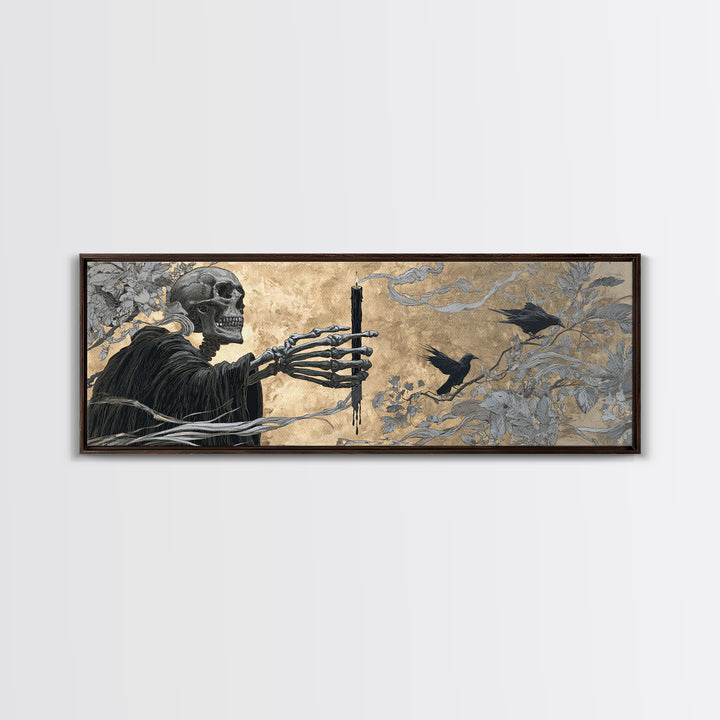 The Skeletal Hand Candleholder, Symbolist Death Art, Extra Wide Wall Art, Gothic Horror Wall Art, Canvas Print, Halloween Wall Art