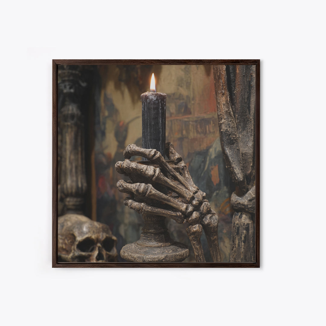 The Skeletal Hand Candleholder, Grotesque Carnival Art, Square Wall Art, Dark Halloween Decor, Canvas Print, Halloween Wall Art