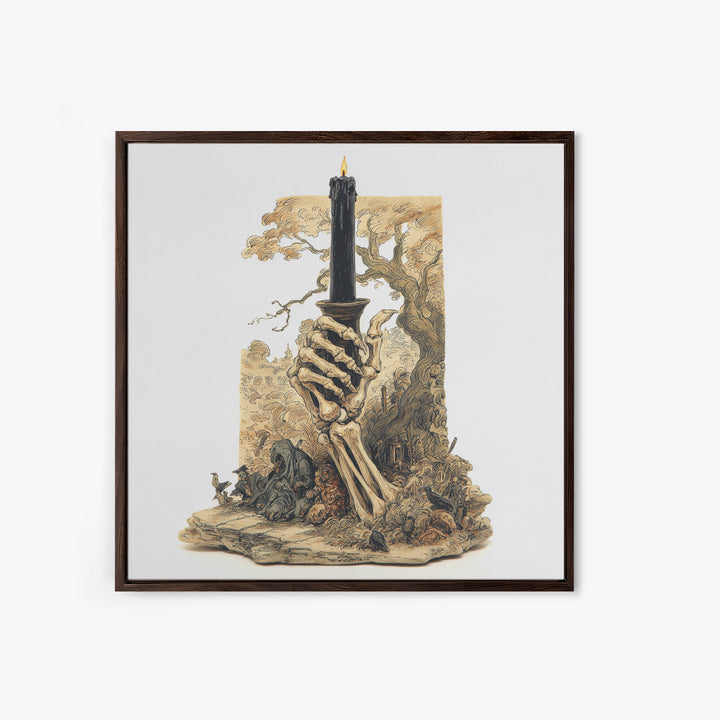The Skeletal Hand Candleholder, Gothic Storybook Art, Square Wall Art, Macabre Wall Art, Canvas Print, Halloween Wall Art