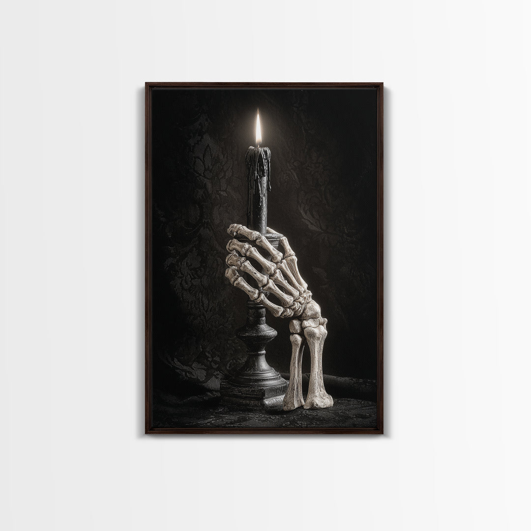 The Skeletal Hand Candleholder, Victorian Macabre Art, Vertical Wall Art, Macabre Wall Art, Framed Canvas Print, Halloween Wall Art