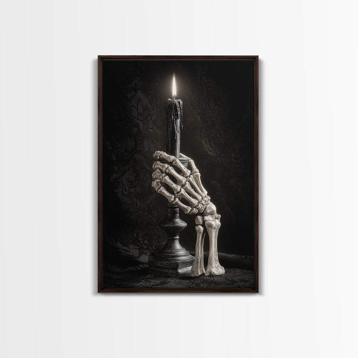 The Skeletal Hand Candleholder, Victorian Macabre Art, Vertical Wall Art, Macabre Wall Art, Framed Canvas Print, Halloween Wall Art