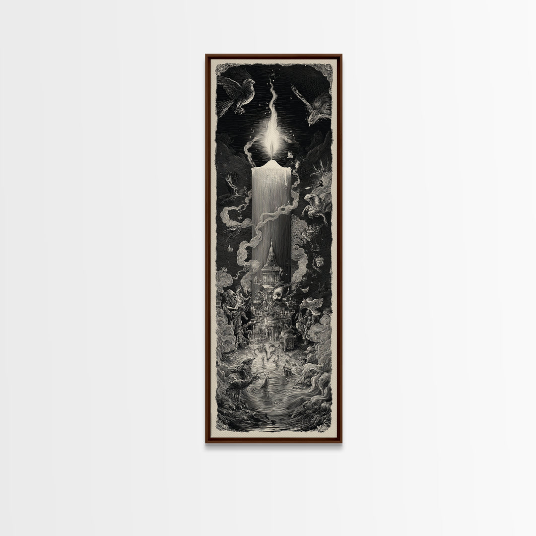 The Black Wax Candle, Gothic Engraving Art, Tall Narrow Wall Art, Dark Fantasy Wall Art, Canvas Print, Halloween Wall Art