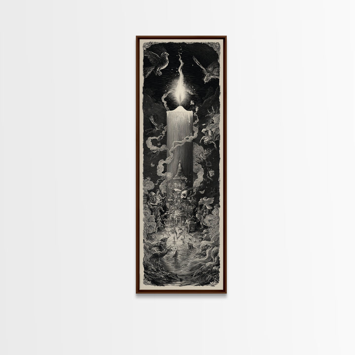 The Black Wax Candle, Gothic Engraving Art, Tall Narrow Wall Art, Dark Fantasy Wall Art, Canvas Print, Halloween Wall Art