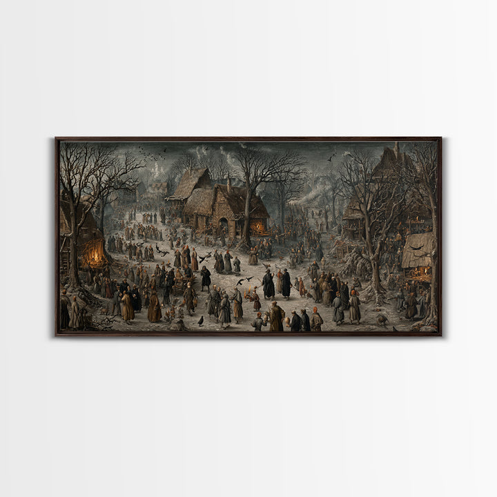 The Black Wax Candle, Northern Renaissance Horror, Wide Panoramic Art, Dark Halloween Decor, Framed Canvas Print