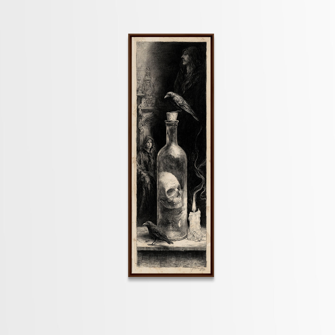 The Bottled Ghost, Gothic Engraving Art, Tall Narrow Wall Art, Macabre Wall Art, Framed Canvas Print, Halloween Wall Art