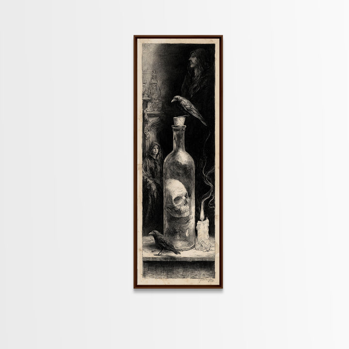 The Bottled Ghost, Gothic Engraving Art, Tall Narrow Wall Art, Macabre Wall Art, Framed Canvas Print, Halloween Wall Art