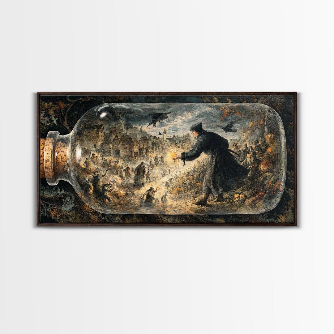 The Bottled Ghost, Northern Renaissance Horror, Wide Panoramic Art, Macabre Wall Art, Framed Canvas Print, Halloween Wall Art