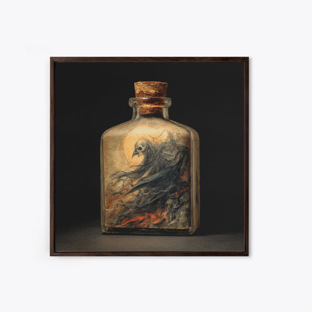 The Bottled Ghost, Dark Renaissance Art, Square Wall Art, Dark Fantasy Wall Art, Framed Canvas Print, Halloween Wall Art