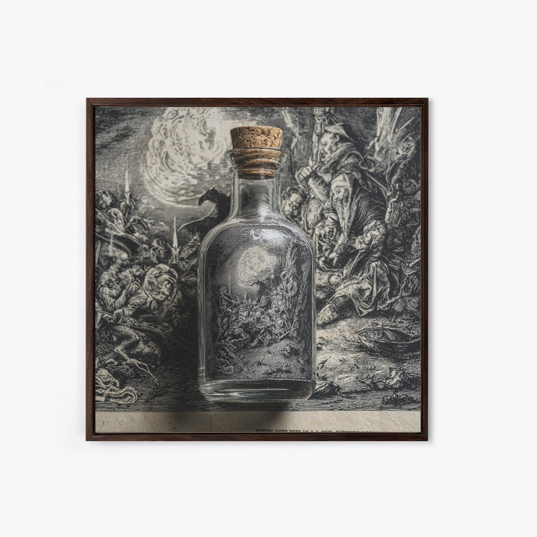 The Bottled Ghost, Renaissance Engraving Art, Square Wall Art, Dark Fantasy Wall Art, Framed Canvas Print, Halloween Wall Art