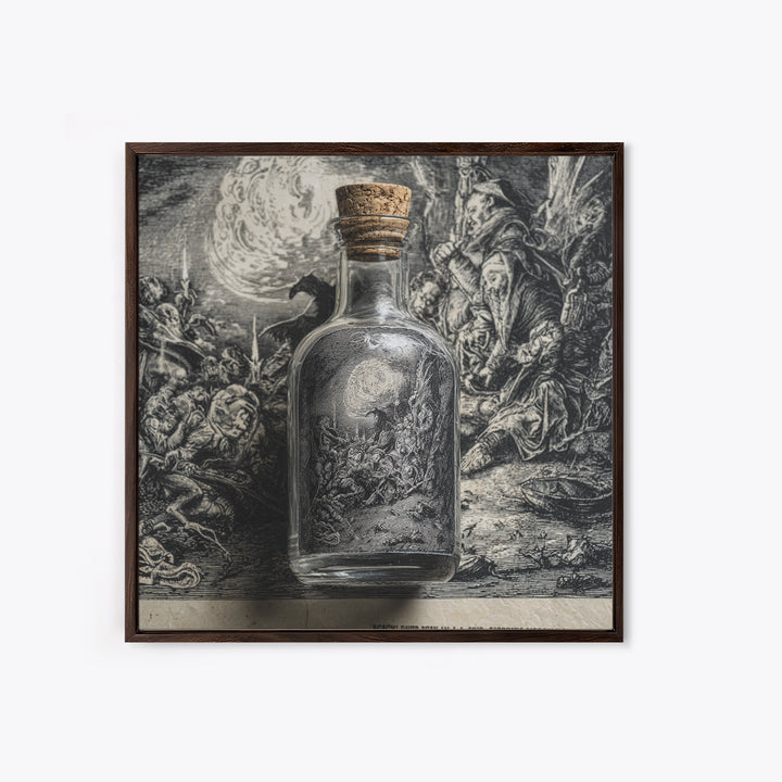 The Bottled Ghost, Renaissance Engraving Art, Square Wall Art, Dark Fantasy Wall Art, Framed Canvas Print, Halloween Wall Art