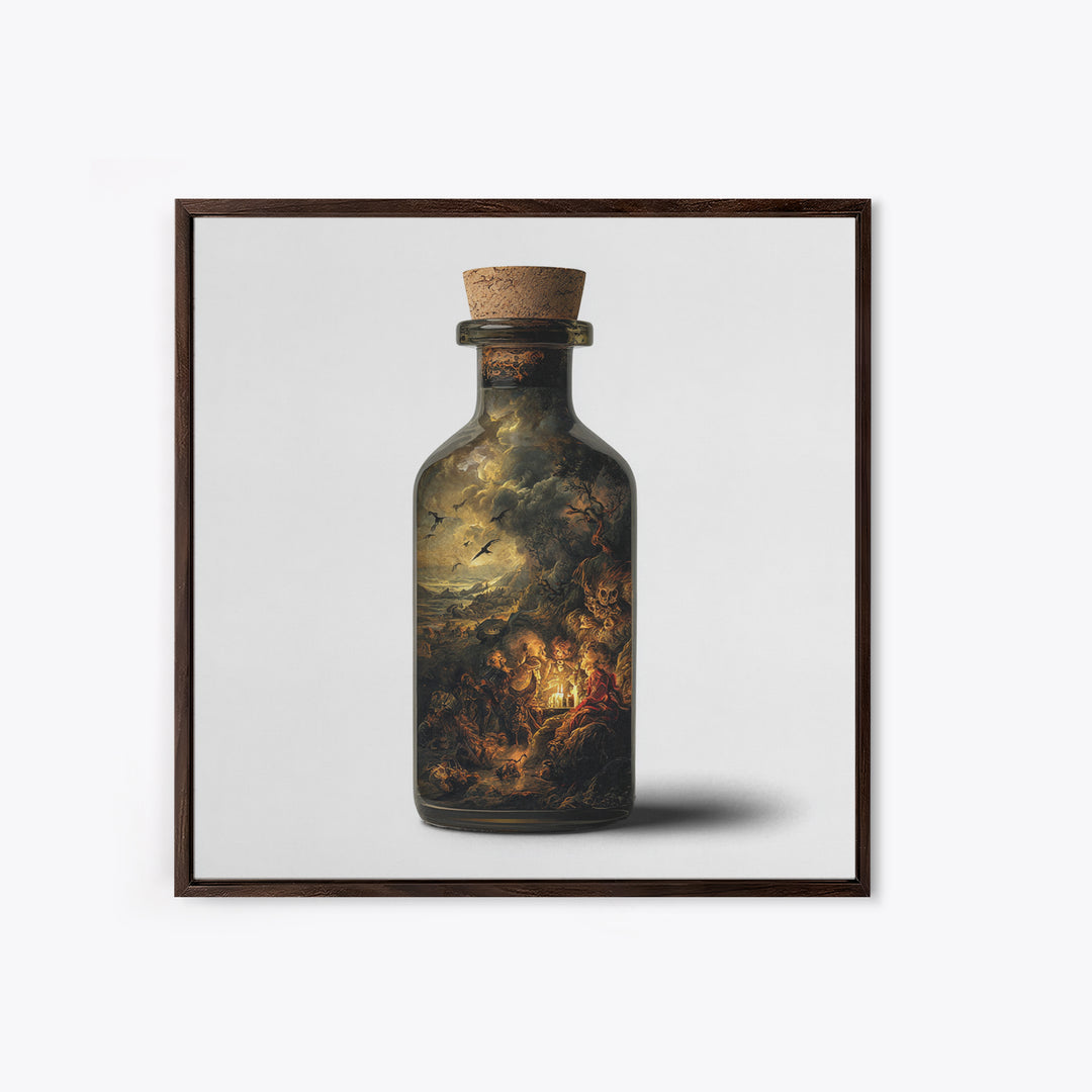 The Bottled Ghost, Baroque Witchcraft Art, Square Wall Art, Dark Halloween Decor, Framed Canvas Print, Halloween Wall Art