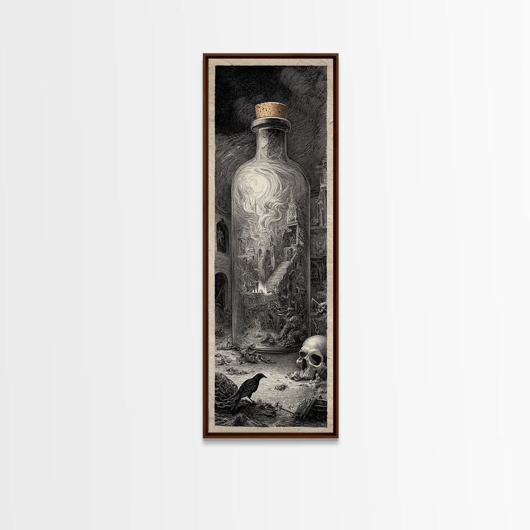The Bottled Ghost, Architectural Etching Art, Tall Narrow Wall Art, Gothic Horror Wall Art, Canvas Print, Halloween Wall Art