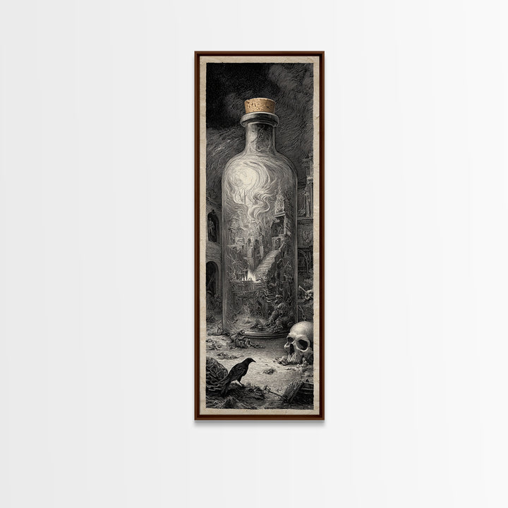 The Bottled Ghost, Architectural Etching Art, Tall Narrow Wall Art, Gothic Horror Wall Art, Canvas Print, Halloween Wall Art