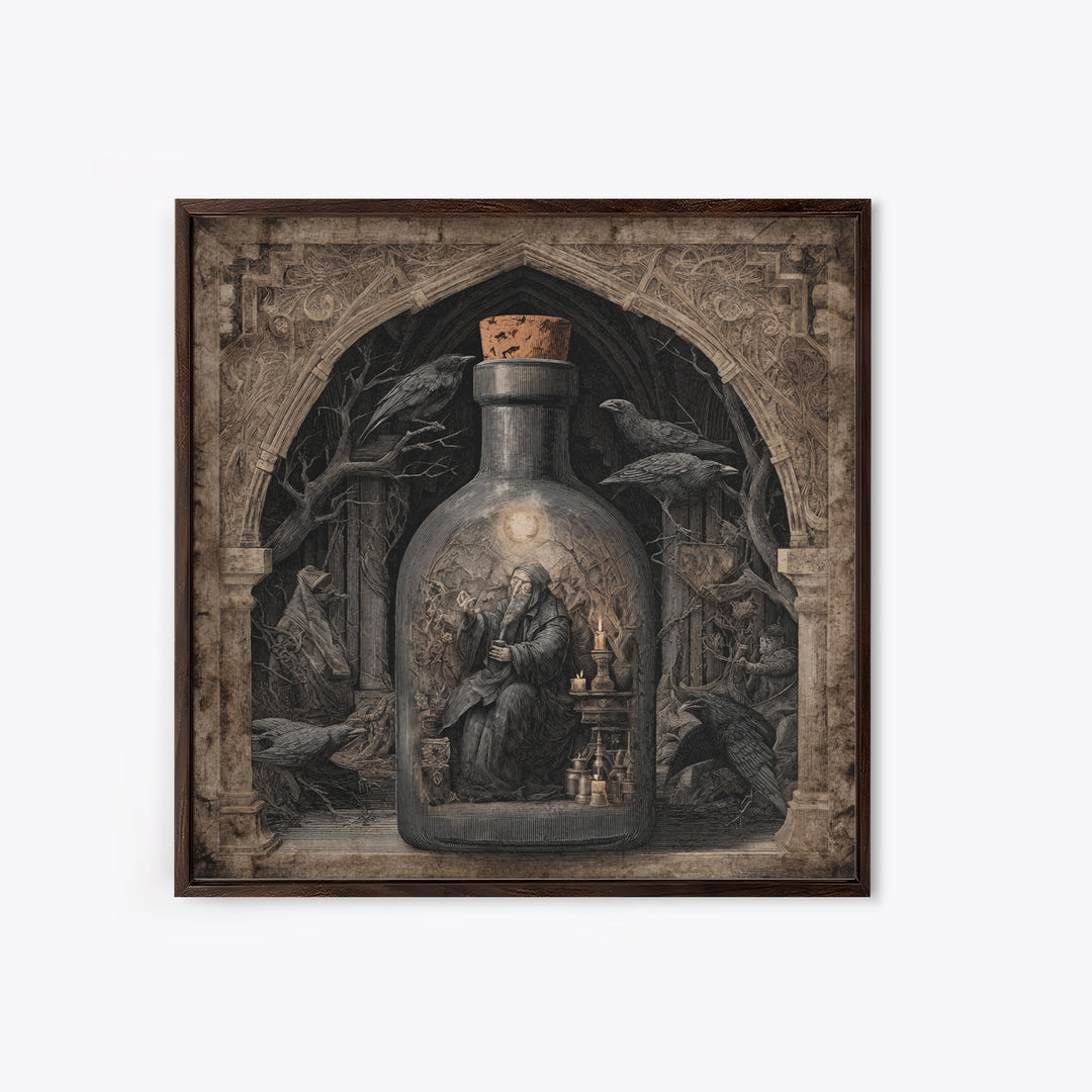 The Bottled Ghost, Symbolist Etching Art, Square Wall Art, Macabre Wall Art, Framed Canvas Print, Halloween Wall Art, Halloween Decor