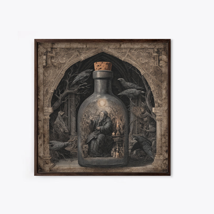 The Bottled Ghost, Symbolist Etching Art, Square Wall Art, Macabre Wall Art, Framed Canvas Print, Halloween Wall Art, Halloween Decor