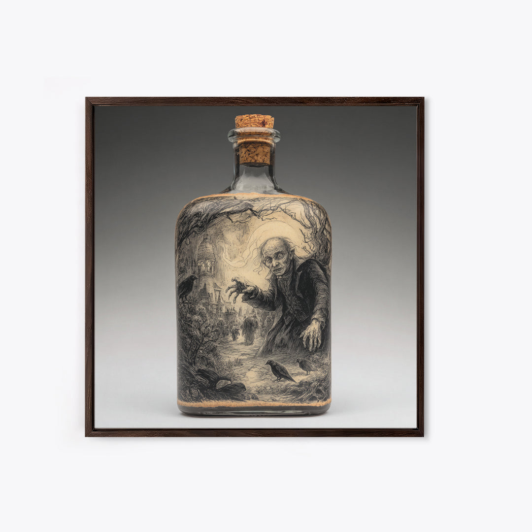 The Bottled Ghost, Expressionist Nightmare Art, Square Wall Art, Dark Fantasy Wall Art, Framed Canvas Print, Halloween Wall Art