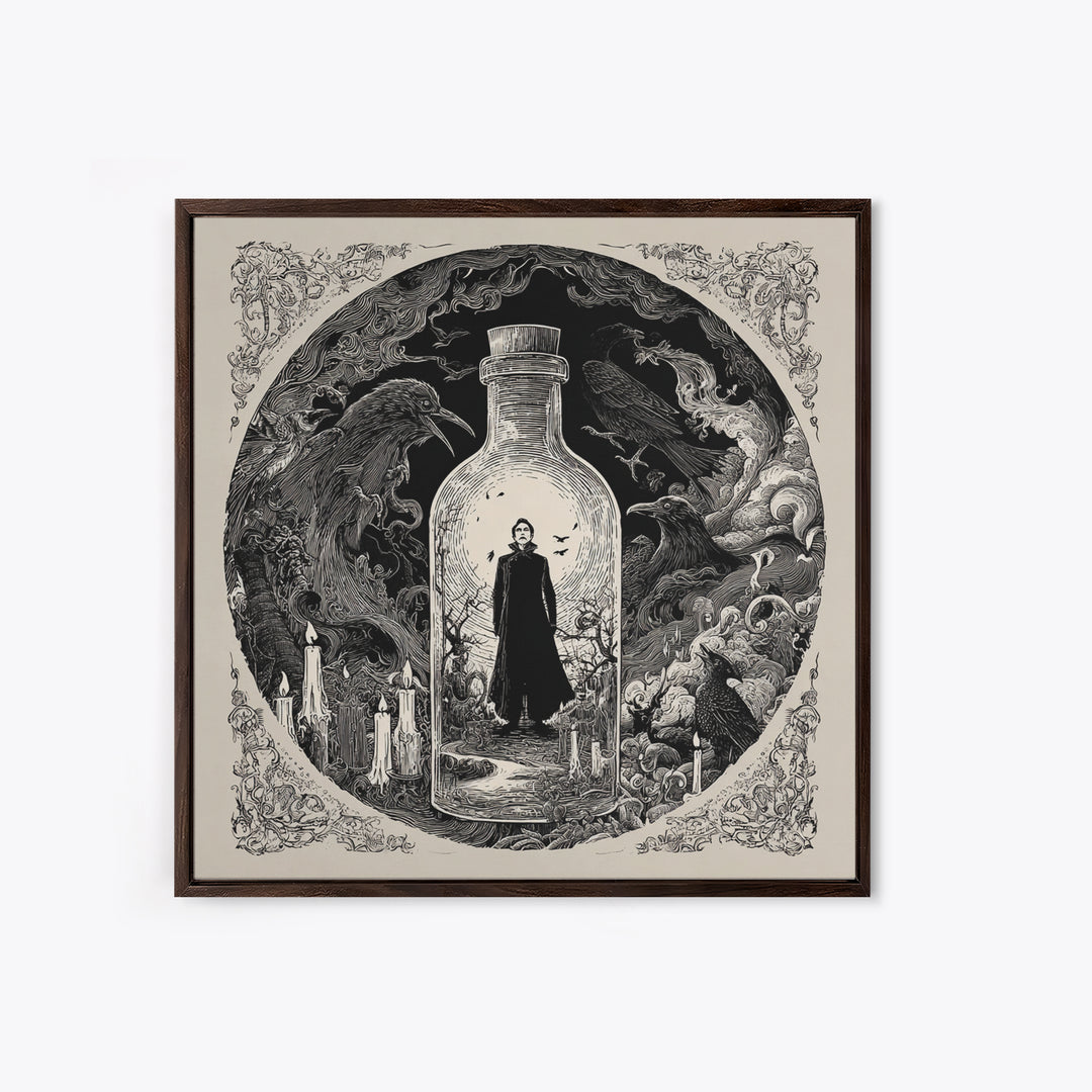 The Bottled Ghost, Decadent Line Art, Square Wall Art, Dark Fantasy Wall Art, Framed Canvas Print, Halloween Wall Art