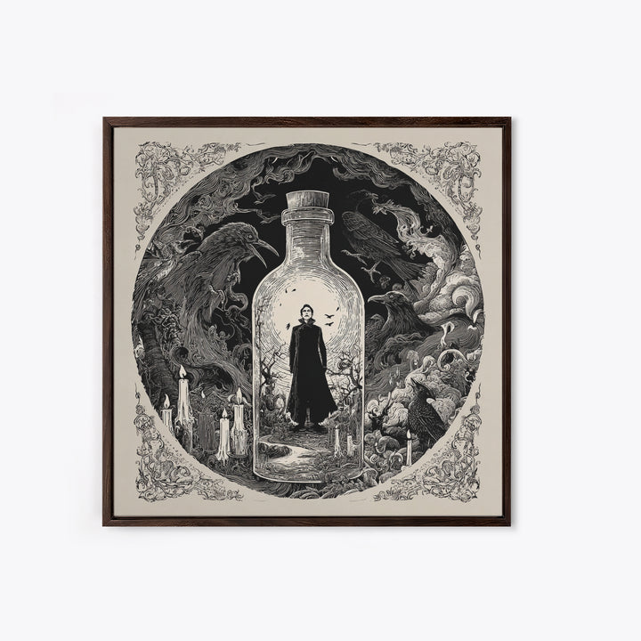 The Bottled Ghost, Decadent Line Art, Square Wall Art, Dark Fantasy Wall Art, Framed Canvas Print, Halloween Wall Art