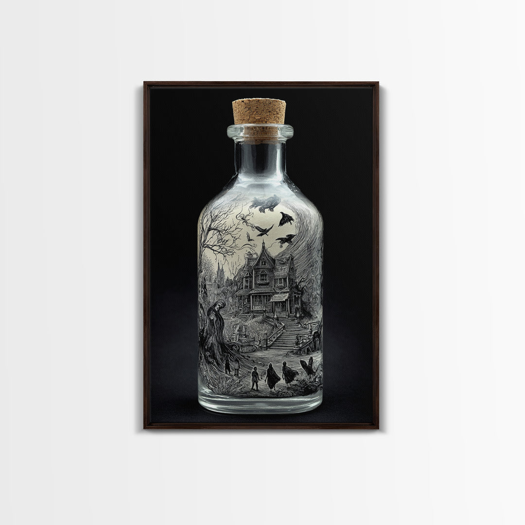 The Bottled Ghost, Victorian Macabre Art, Vertical Wall Art, Dark Halloween Decor, Framed Canvas Print, Halloween Wall Art