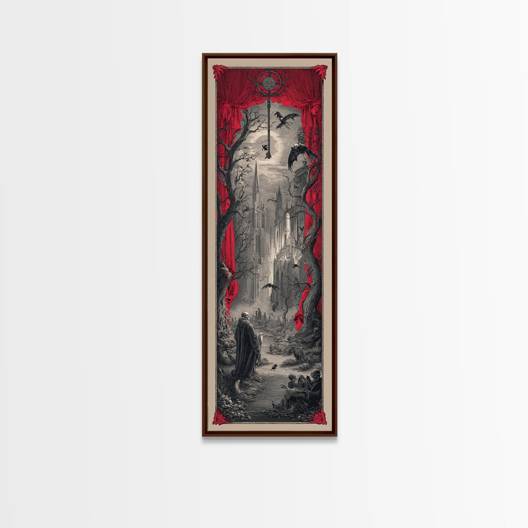 The Coffin Key, Gothic Engraving Art, Tall Narrow Wall Art, Macabre Wall Art, Framed Canvas Print, Halloween Wall Art, Halloween Decor