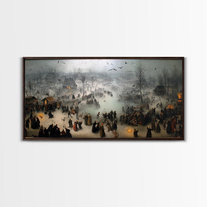 The Antique Spirit Board, Northern Renaissance Horror, Wide Panoramic Art, Dark Halloween Decor, Framed Canvas Print