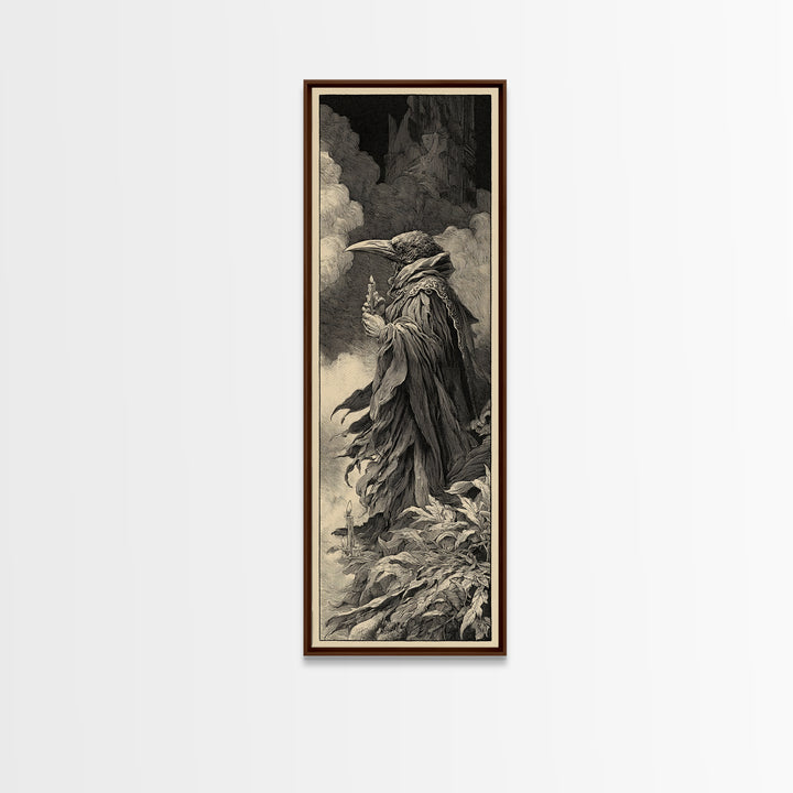 The Raven-Feather Quill, Gothic Engraving Art, Tall Narrow Wall Art, Dark Fantasy Wall Art, Framed Canvas Print, Halloween Wall Art