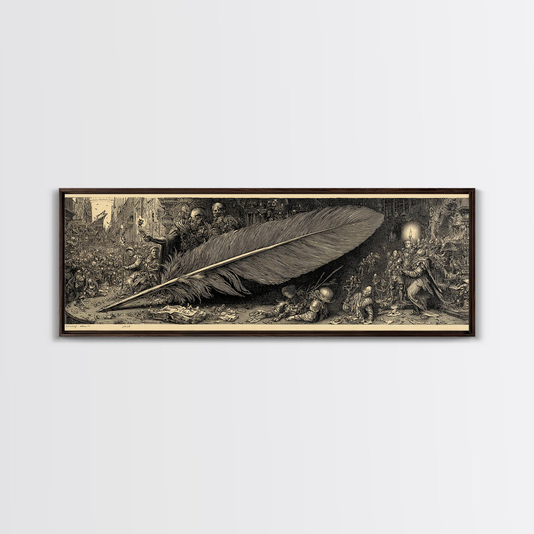 The Raven-Feather Quill, Medieval Grotesque Art, Extra Wide Wall Art, Dark Halloween Decor, Framed Canvas Print, Halloween Wall Art